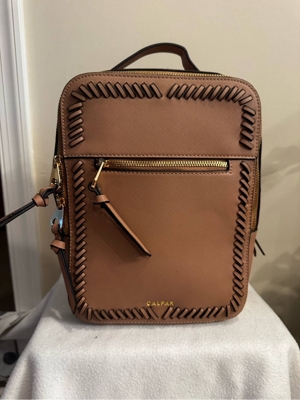 Calpak Brown Whipstitch Leather Backpack Crossbody